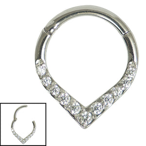 Steel Pave Set Jewelled V-Shape Hinged Segment Ring (Clicker)