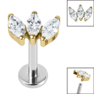 Titanium Internally Threaded Labrets 1.2mm - Gold Titanium Claw Set 3 CZ Jewel Marquise Fan