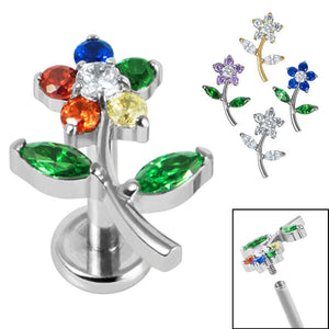 Titanium Internally Threaded Labrets 1.2mm - Titanium Claw Set Jewelled Blossom Flower