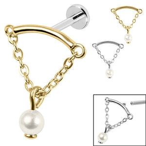 Titanium Internally Threaded Labrets 1.2mm - Steel Concealed Dangle Chain with Pearl Ball