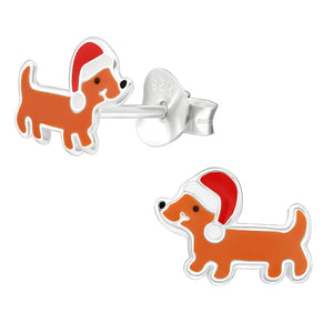 Sterling Silver Christmas Dachshund Ear Stud Earrings ES41