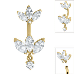 Belly Bar - Steel Internal Thread Claw Set 3 Jewelled Double Marquise Fan