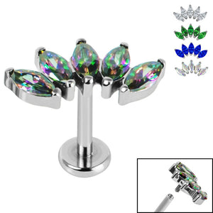 Titanium Internally Threaded Labrets 1.2mm - Titanium Claw Set 5 CZ Jewel Marquise Fan