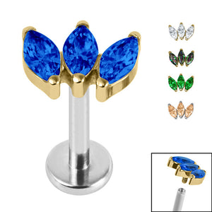 Titanium Internally Threaded Labrets 1.2mm - Gold Plated Titanium Claw Set 3 CZ Jewel Marquise Fan