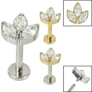 Titanium Internally Threaded Labrets 1.2mm - Titanium Claw Set Marquise Jewelled Leaves Trio