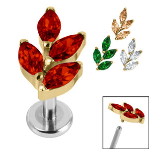 Titanium Internally Threaded Labrets 1.2mm - Gold Plated Titanium Claw Set Marquise Jewelled Leaf