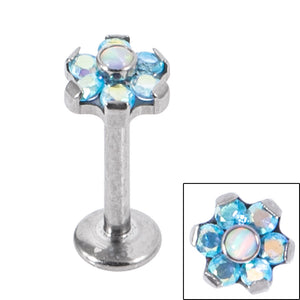 Titanium Internally Threaded Labrets 1.2mm - Titanium Claw Set Synth Opal and 6 Point CZ Jewelled Flower