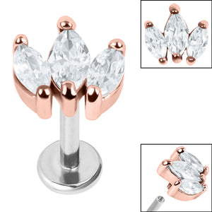 Titanium Internally Threaded Labrets 1.2mm - Steel Claw Set 3 CZ Jewel Marquise Fan