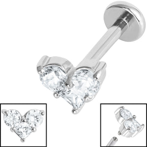 Titanium Internally Threaded Labrets 1.2mm - Steel Claw Set CZ Trio Jewelled Heart