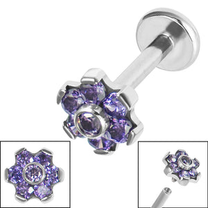 Titanium Internally Threaded Labrets 1.2mm - Titanium Claw Set CZ 7 Jewelled Flower