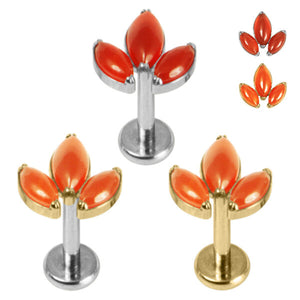 Titanium Internally Threaded Labrets 1.2mm - Titanium Claw Set Carnelian Marquise Stone Leaves Trio Top