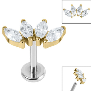 Titanium Internally Threaded Labrets 1.2mm - Gold Titanium Claw Set 4 CZ Jewel Marquise Fan