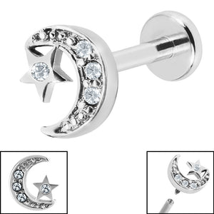 Titanium Internally Threaded Labrets 1.2mm - Steel Jewelled Half Moon and Star