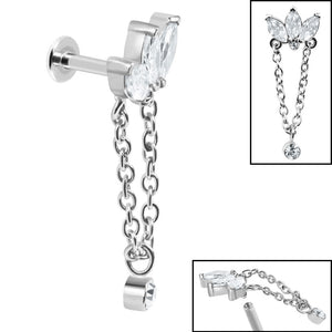 Titanium Internally Threaded Labrets 1.2mm - Steel Marquise Fan Chain Drop Solitaire