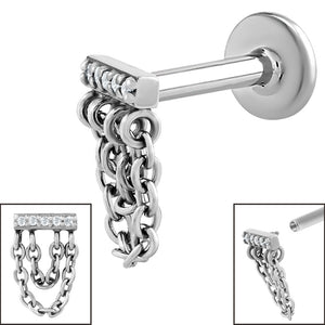Titanium Internally Threaded Labrets 1.2mm - Steel 5 Jewelled Double Loop Chain Drop