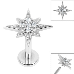 Titanium Internally Threaded Labrets 1.2mm - Steel Large Jewelled 8 Point Star