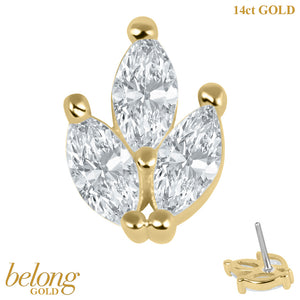 belong 14ct Solid Gold Threadless (Bend fit) Claw Set 3 Jewel Marquise Ivy Leaf