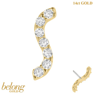belong 14ct Solid Gold Threadless (Bend fit) Claw Set CZ Jewelled Wave Bar
