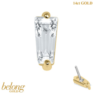 belong 14ct Solid Gold Threadless (Bend fit) CZ Single Jewelled Deco Tapered Baguette