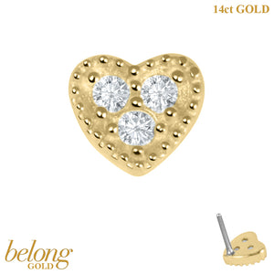 belong 14ct Solid Gold Threadless (Bend fit) Claw Set CZ Jewelled Heart