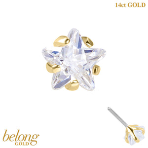 belong 14ct Solid Gold Threadless (Bend fit) Claw Set CZ Jewelled Star