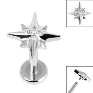Titanium Internally Threaded Labrets 1.2mm - Titanium 8 Point Jewelled Star