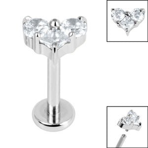 Titanium Internally Threaded Labrets 1.2mm - Titanium Claw Set CZ Trio Jewelled Heart