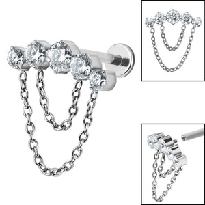 Titanium Internally Threaded Labrets 1.2mm - Titanium Double Chain Floating 5 Jewelled Curve