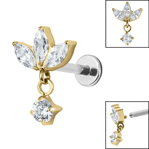 Titanium Internally Threaded Labrets 1.2mm - Titanium Marquise Triple Jewelled Fan with Solitaire