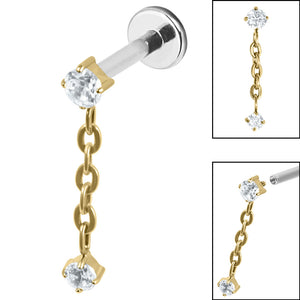 Titanium Internally Threaded Labrets 1.2mm - Titanium Claw Set Double Jewelled Chain Drop