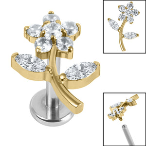 Titanium Internally Threaded Labrets 1.2mm - Titanium Claw Set Jewelled Blossom Flower
