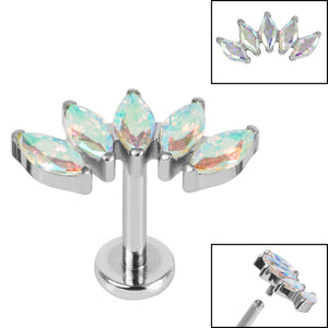 Titanium Internally Threaded Labrets 1.2mm - Titanium Claw Set 5 CZ Jewel Marquise Fan