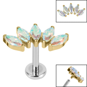 Titanium Internally Threaded Labrets 1.2mm - Gold Titanium Claw Set 5 CZ Jewel Marquise Fan