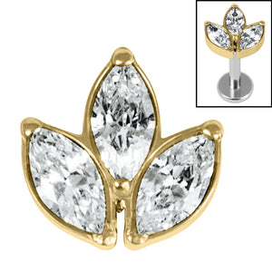 Titanium Claw Set Marquise Jewelled Leaves Trio Top for Internal Thread shafts in 1.2mm