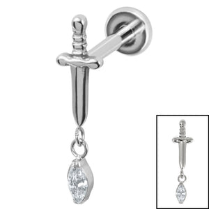 Titanium Internally Threaded Labrets 1.2mm - Titanium Mini Dagger with Marquise Drop Gem
