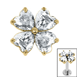 Titanium Claw Set Jewelled Heart Clover Top for Internal Thread shafts in 1.2mm