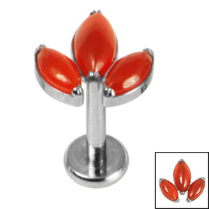Titanium Internally Threaded Labrets 1.2mm - Titanium Claw Set Carnelian Marquise Stone Leaves Trio Top
