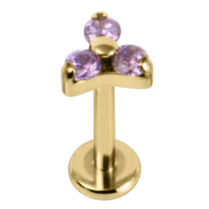 Gold Titanium Internally Threaded Labrets 1.2mm - Gold Titanium Claw Set CZ Jewelled Trinity
