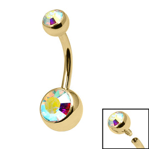 Gold Titanium Internal Thread Bezel Set Double Jewelled Belly Bar