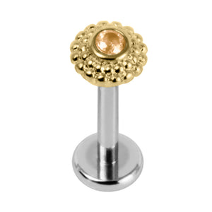 Titanium Internally Threaded Labrets 1.2mm - Gold Steel Bezel Set Jewelled Asia Sunshine