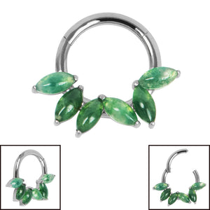 Titanium Claw Set Moss Agate Falling Leaves Marquise Hinged Clicker Ring