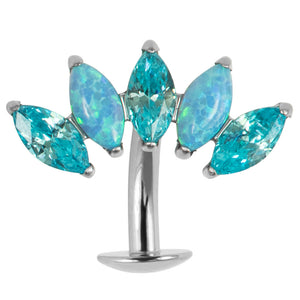 Titanium Threadless Floating Navel Bar - Titanium Claw Set 5 Opal and Jewel Marquise Fan 1.6mm
