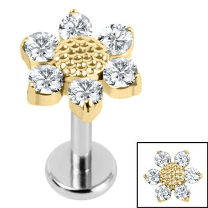 Titanium Internally Threaded Labrets 1.2mm - Titanium Jewelled Golden Daisy