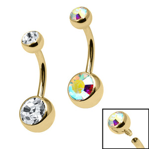 Gold Titanium Internal Thread Bezel Set Double Jewelled Belly Bar