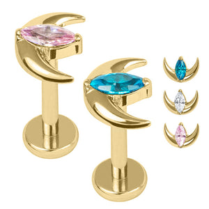 Gold Titanium Internally Threaded Labrets 1.2mm -Gold Titanium Jewelled Trekking Crescent Moon