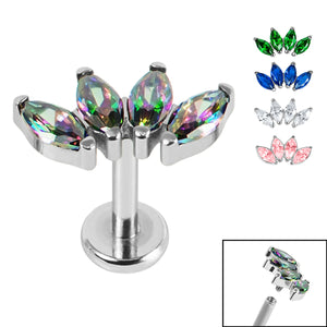 Titanium Internally Threaded Labrets 1.2mm - Titanium Claw Set 4 CZ Jewel Marquise Fan