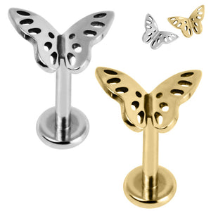 Titanium Internally Threaded Labrets 1.2mm - Titanium Fluttering Butterfly