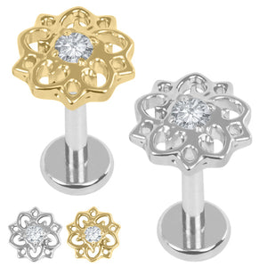 Titanium Internally Threaded Labrets 1.2mm - Titanium Jewelled Lotus Mandala