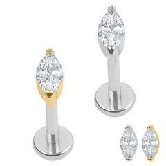 Titanium Internally Threaded Labrets 1.2mm - Titanium Single Jewelled Marquise