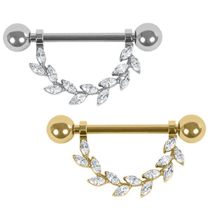 Titanium Marquise Jewelled Leaf Vine Nipple Bar